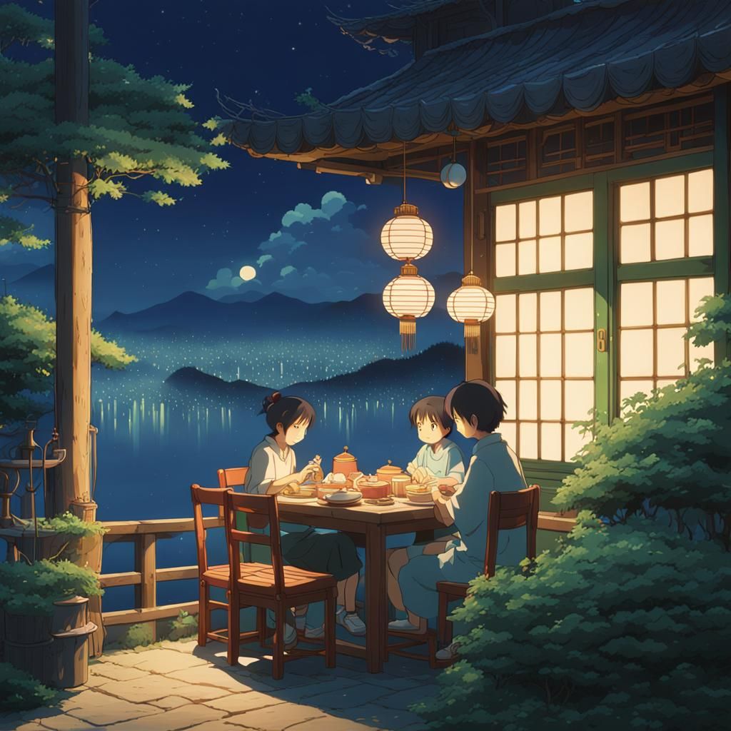 Chinese Family Meal at Night in Ghibli Anime Style
