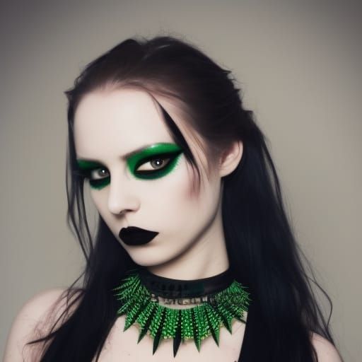 Ethereal gothic young lady with long black hair& green eyes& smoky black eyeshadow very nicely neatly done& Black eyelin...