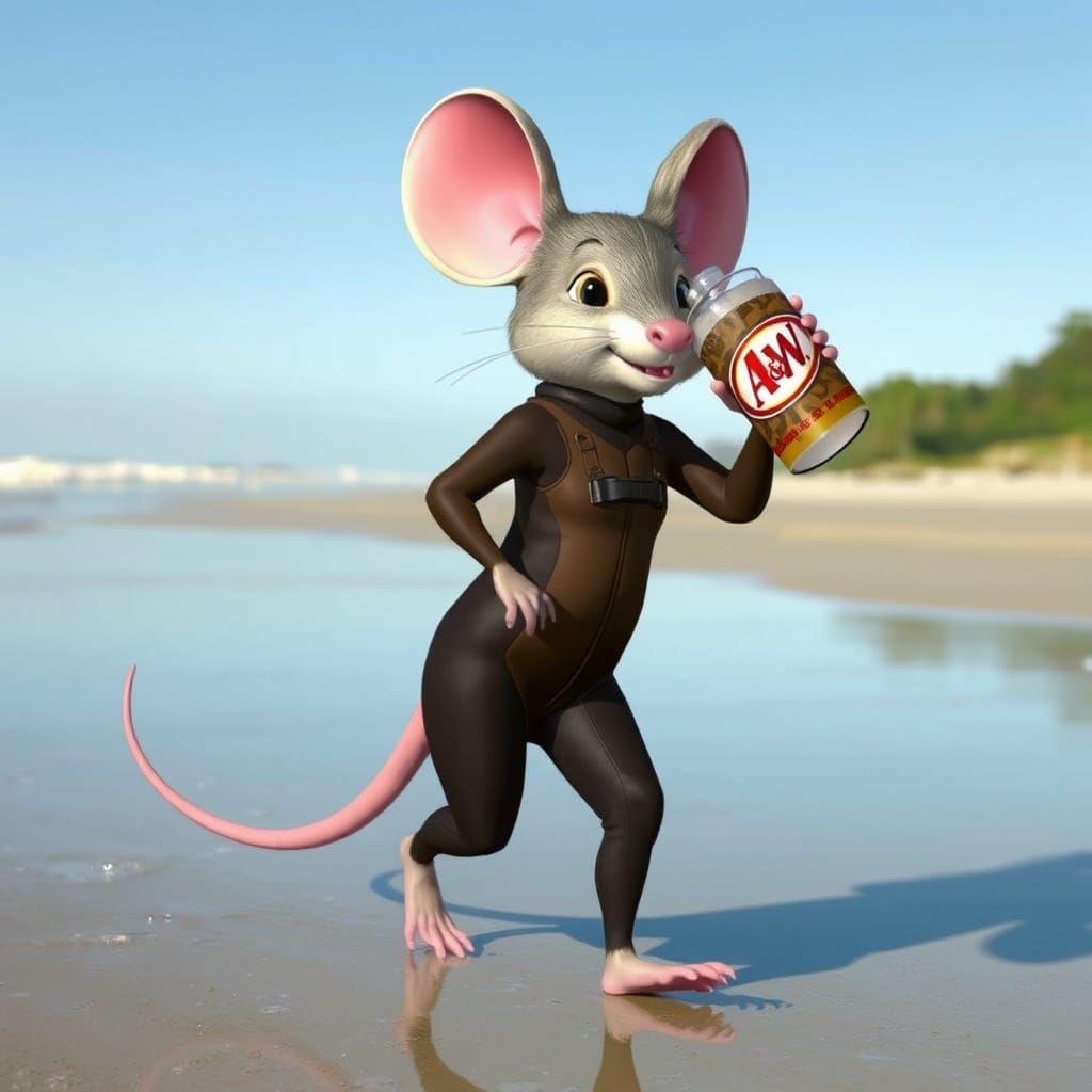Mouse Humanoid Drinks Root Beer on Beach