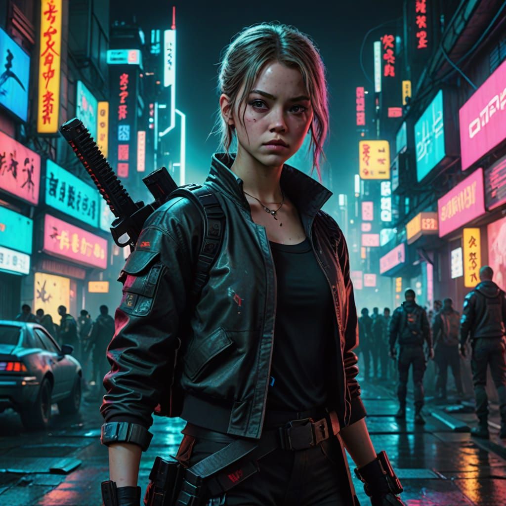 Sydney Sweeney as Cyberpunk Warrior in Neo Tokyo