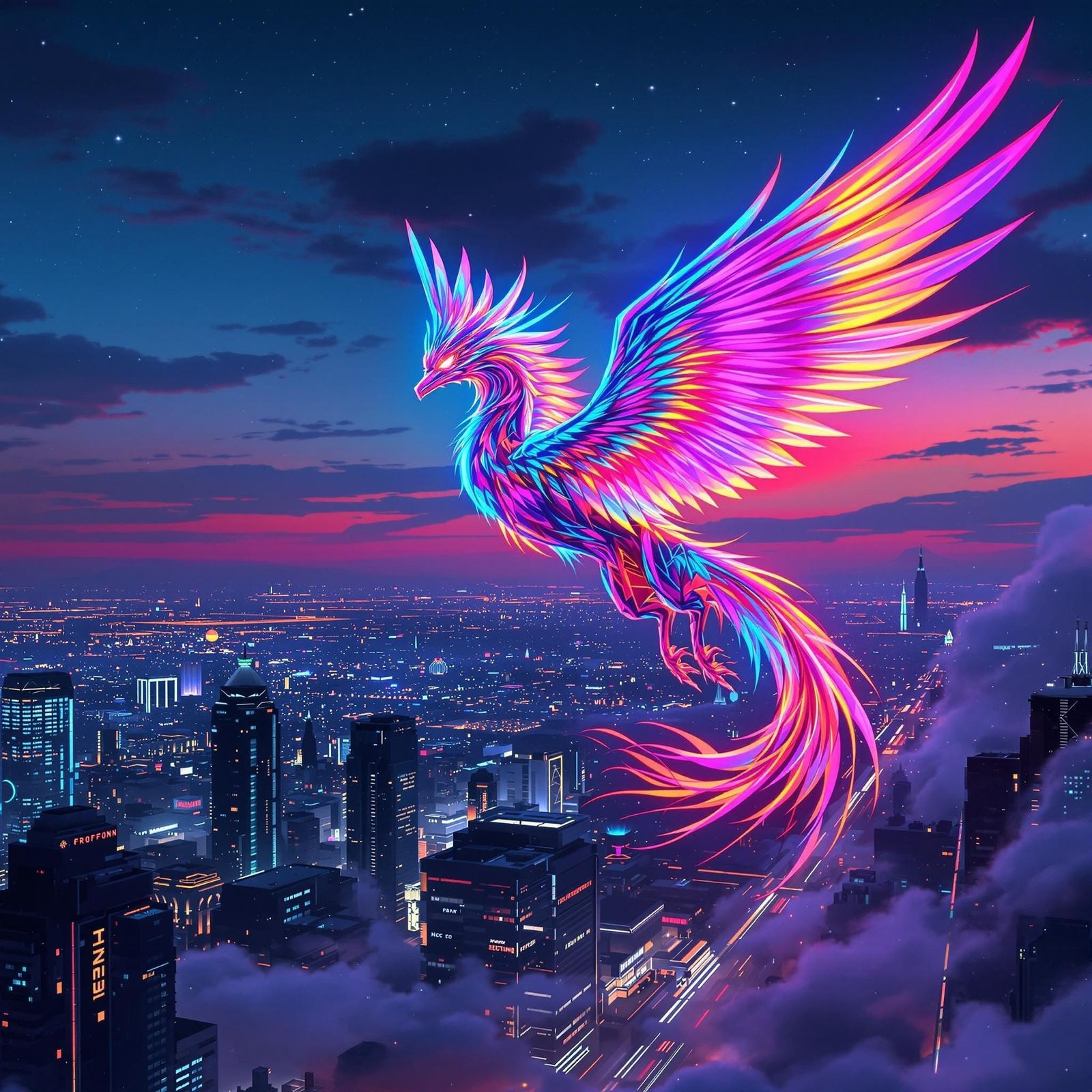 Neon Gryphon Soaring Over Futuristic Metropolis