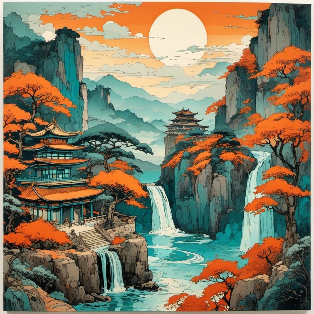 Dreamy Bed Amidst Ancient Ruins in Ukiyo-e Style