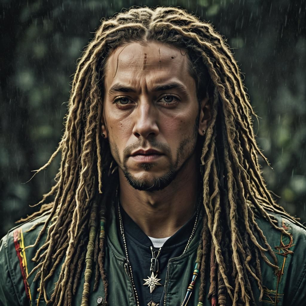 Eminem in dreadlock, rastafari atmosphere, intricate details, HDR, beautifully shot, hyperrealistic, sharp focus, 64 meg...