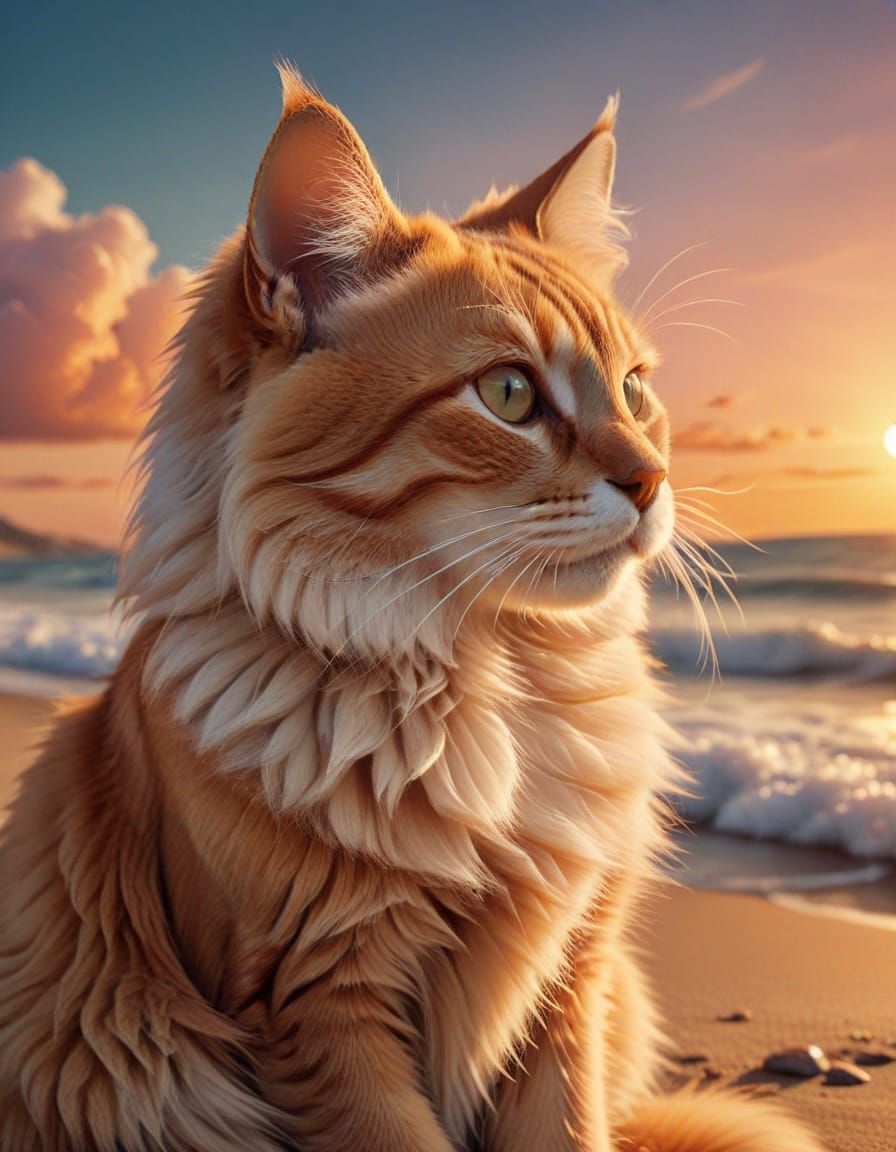 Cat Watching Sunset in Retro Graphic Style