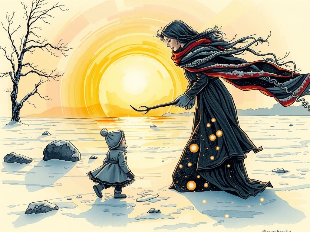 Mother and Child Winter Scene in Traditional European Ink St...