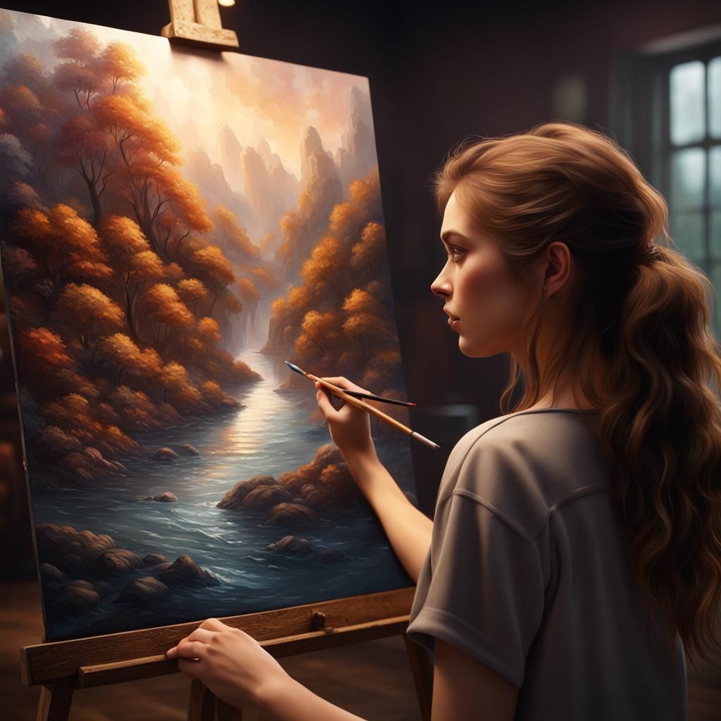Teenage Girl Painting with Oils in Fantasy Style