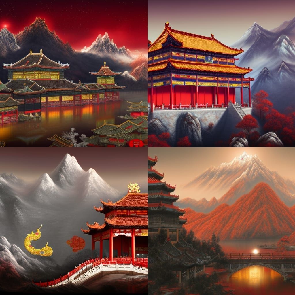 Chinese Emperor in Palace Under Snowy Starry Sky