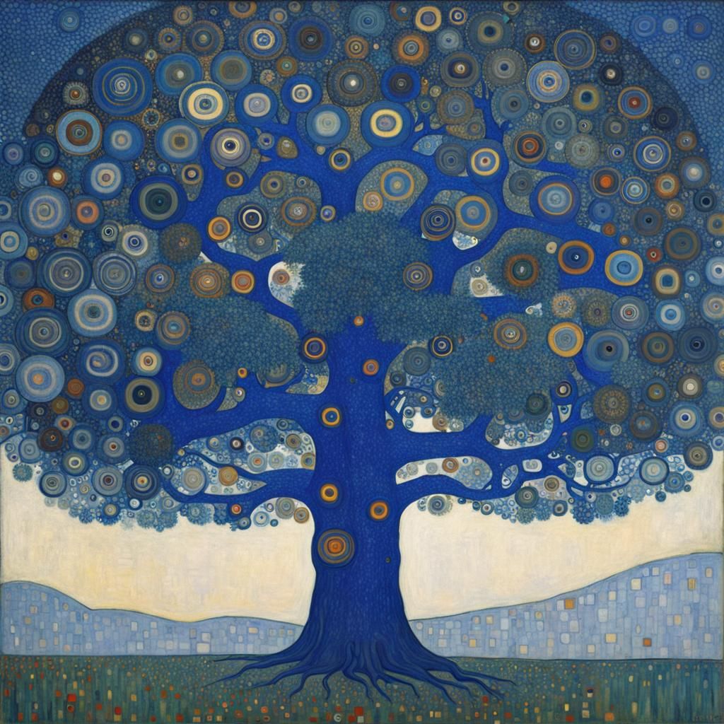 Futuristic Blue Tree in Gustav Klimt Style