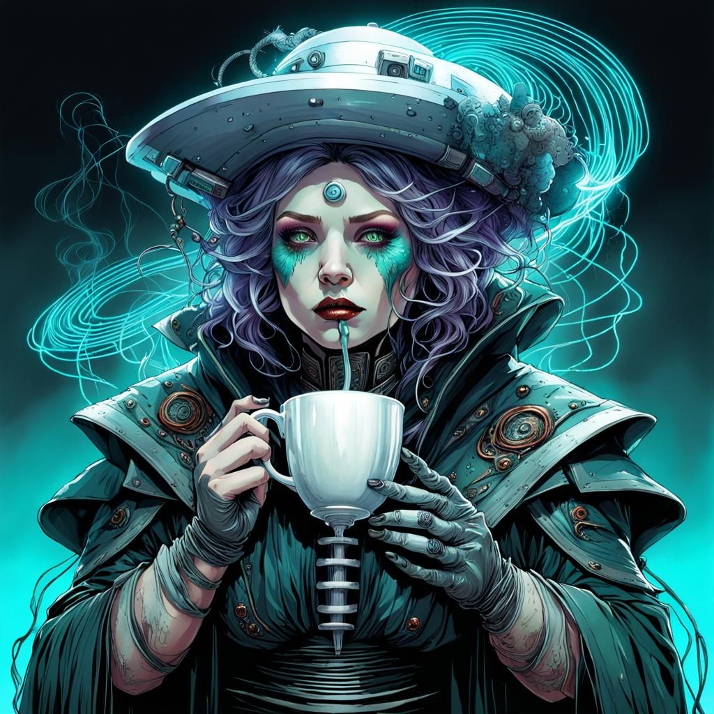 Retro-Futuristic Witch Drinking Coffee in Sci-Fi Hospital