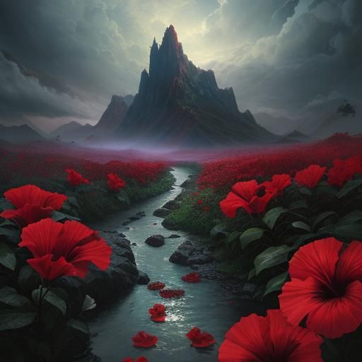 Red Hibiscus Flower in Digital Matte Painting Style