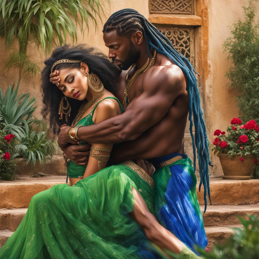 Man Embraces Belly Dancer in Lush Gardens