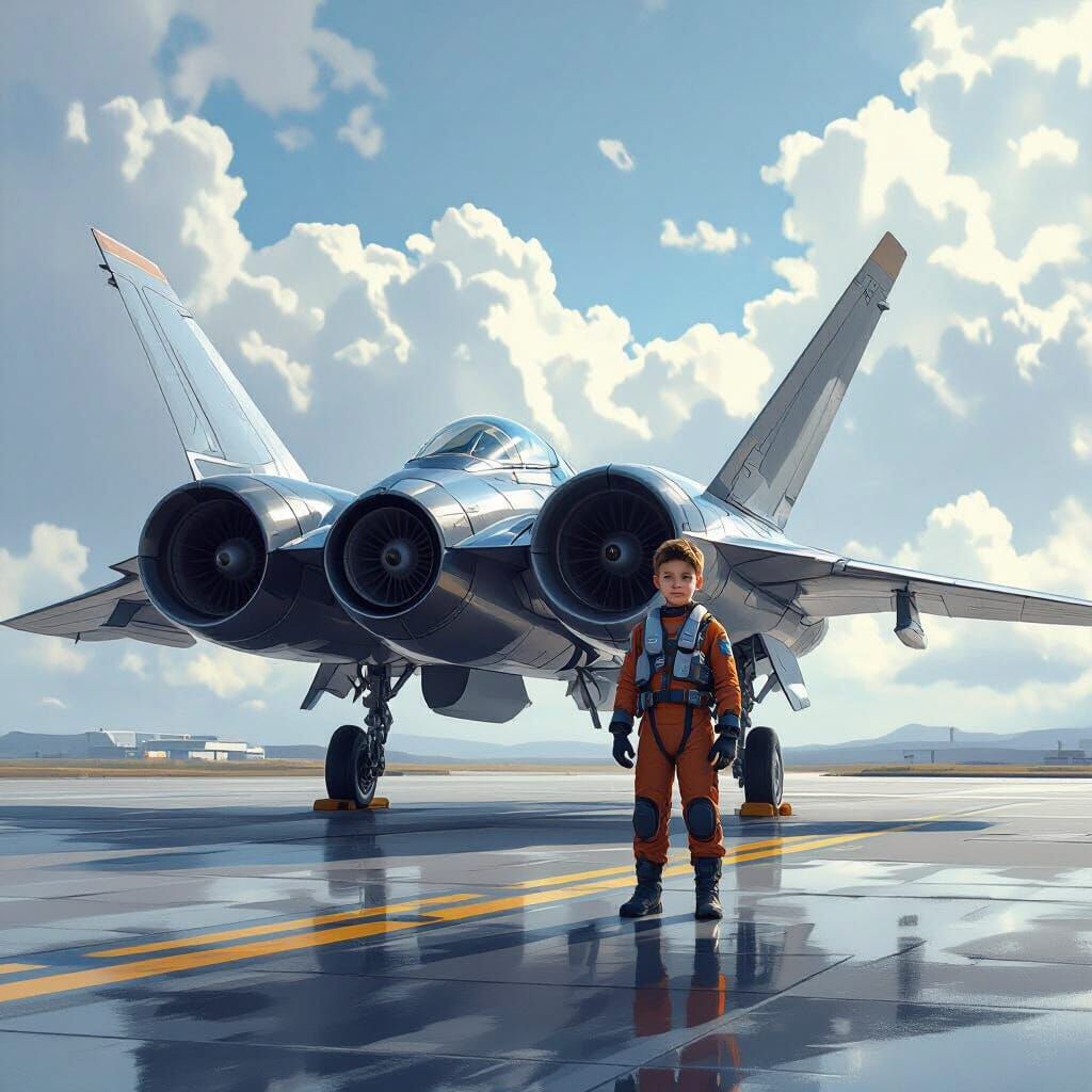 Futuristic Fighter Jet With Boy On Tarmac