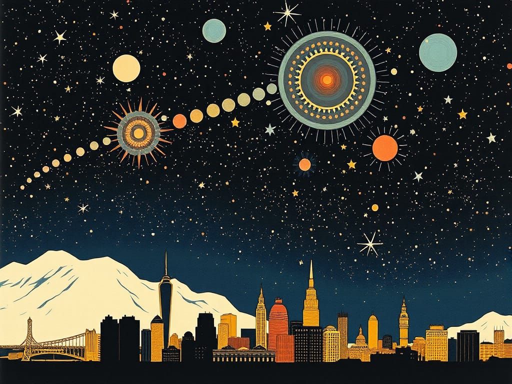Erté-Inspired Cosmic Gouache Skyline