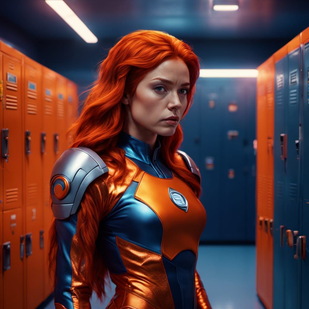 Starfire Donning Costume in Cosmic Locker Room
