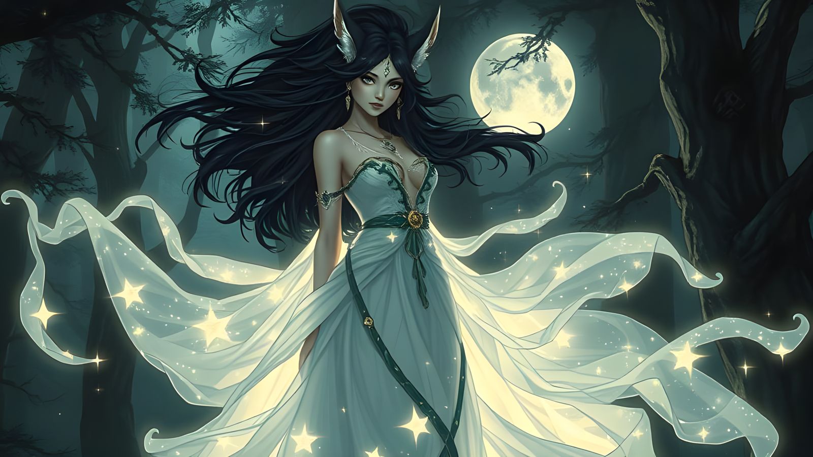 Sorceress of Woven Starlight: A Majestic, Flowing Goddess