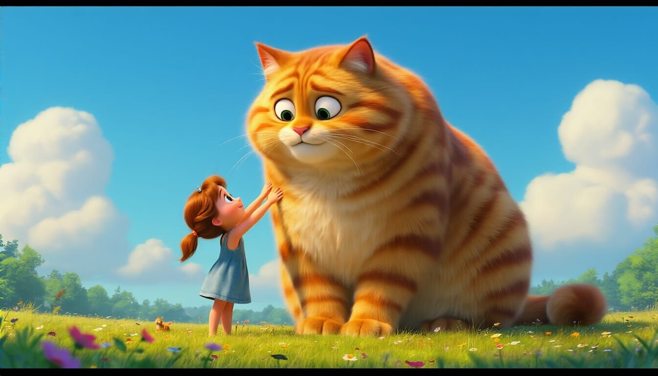 Loving Giant Cat Petting Scene in Disney Pixar Style