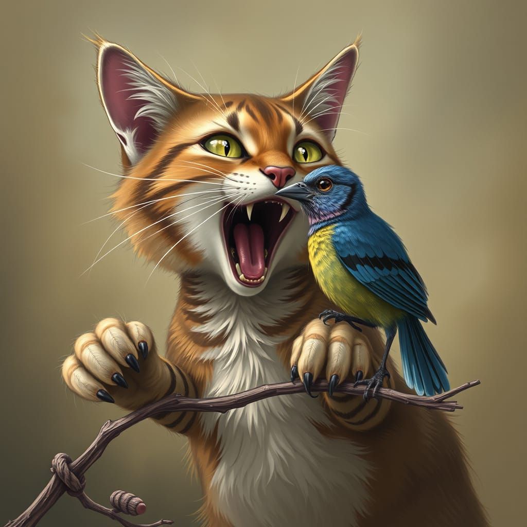 Humorous Cat and Bird Caricature