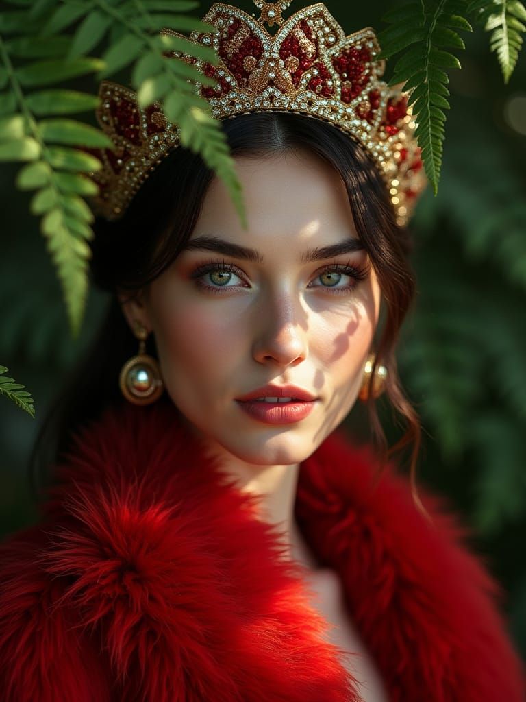 Elegant Russian Woman in Ornate Kokoshnik, Fantasy Jungle Po...