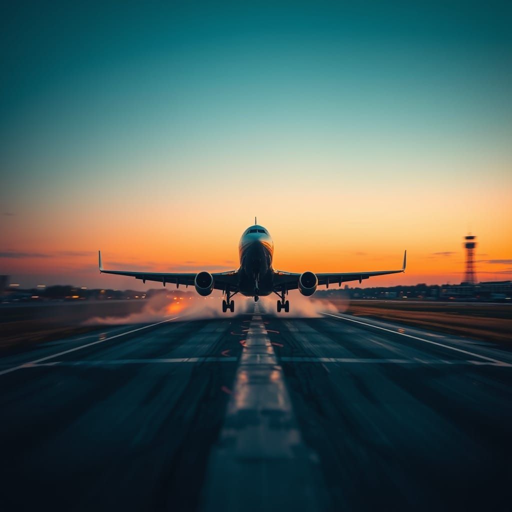Jet Takes Off in Dramatic Low-Angle View at Dusk