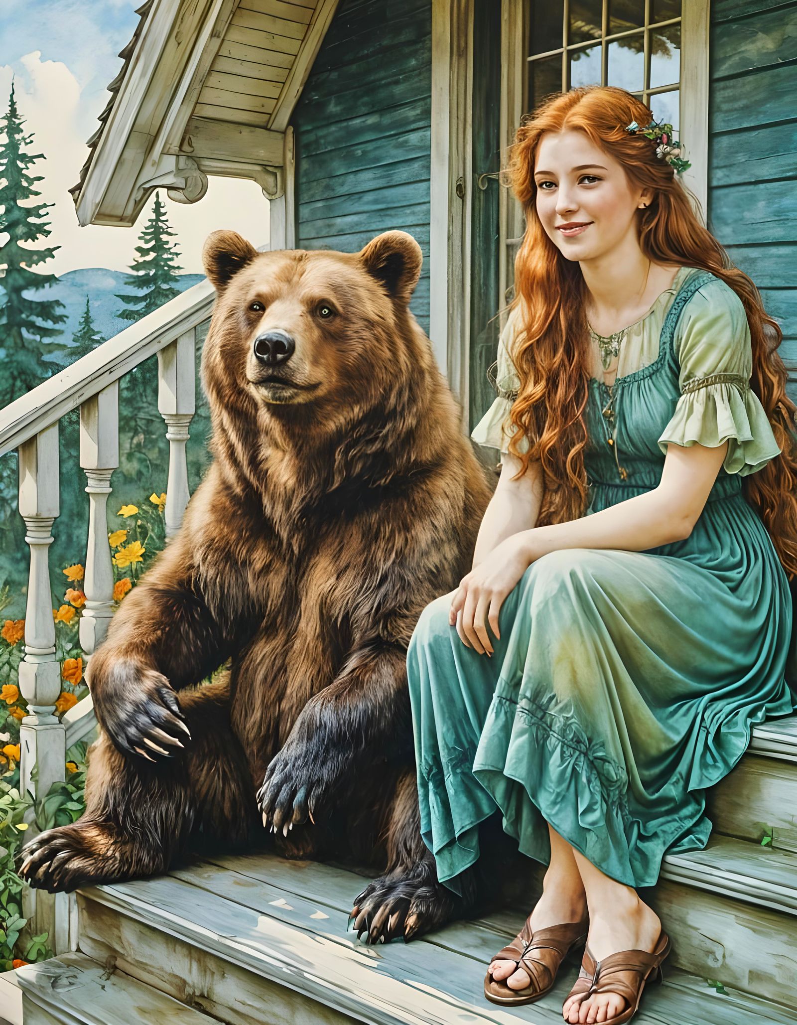 Woman and Bear Relaxing in Watercolor Painting