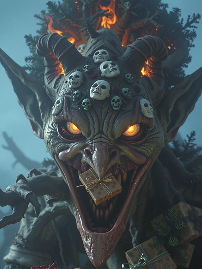Evil Entity Burns Christmas in Crypt, Hyperrealistic Photogr...