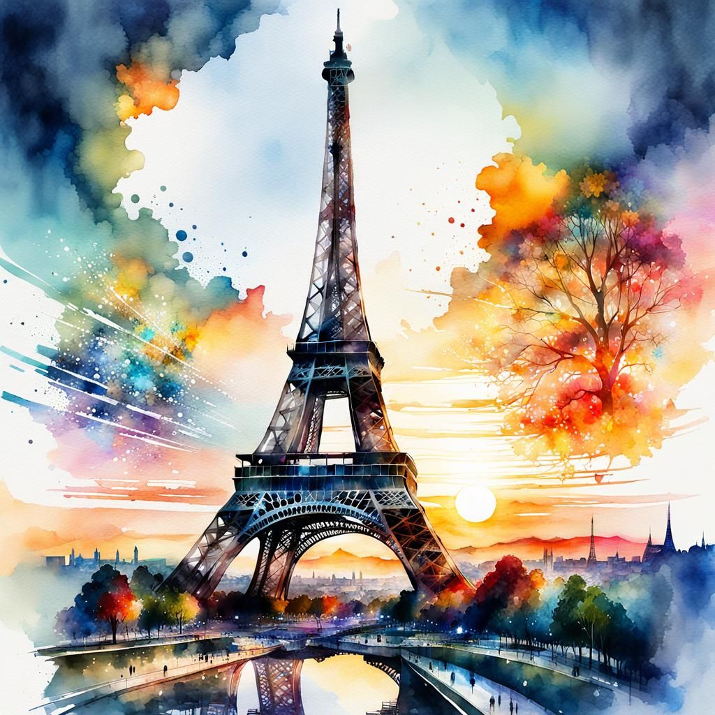 Eiffel Tower Sunset: A Watercolor Fantasy