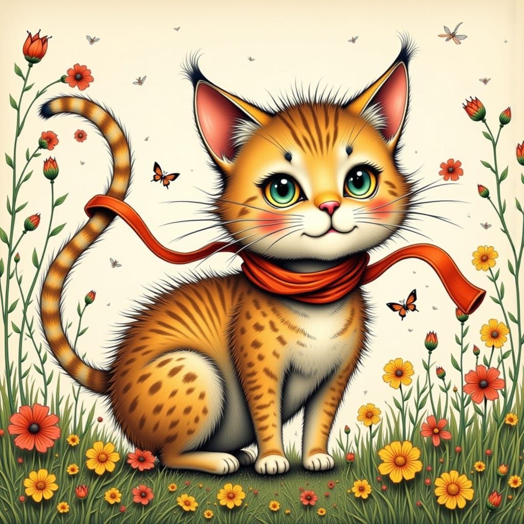 Whimsical Cat Caricature in Fantastical Setting