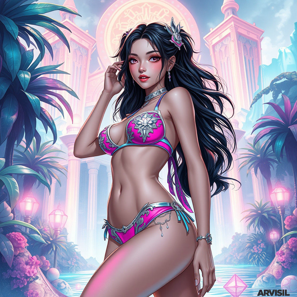 Anime Heroine in Neon Bikini: Dreamlike Landscape