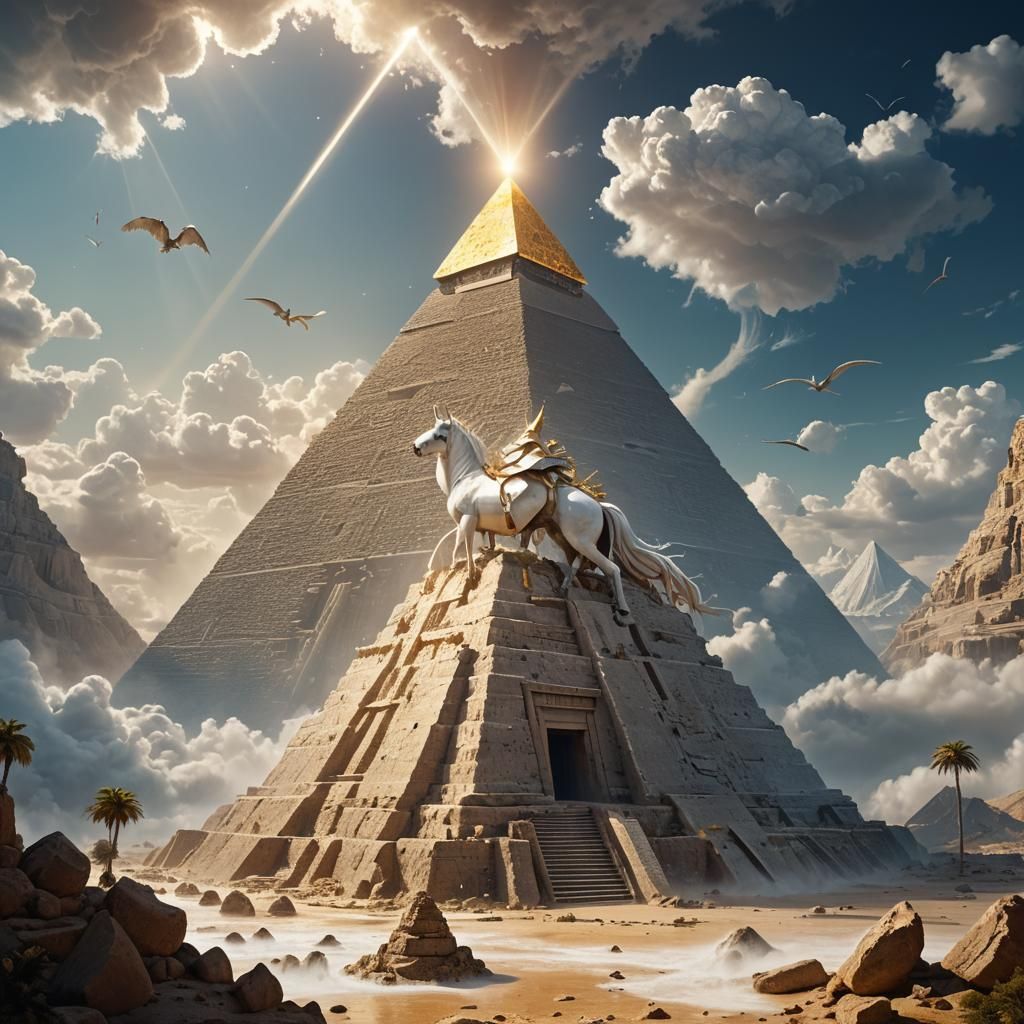 Unicorn Under Pyramid in Detailed Fantasy Art