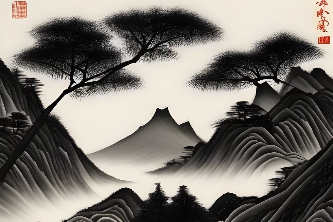 Chinese Ink River Scene with Distant Mountains