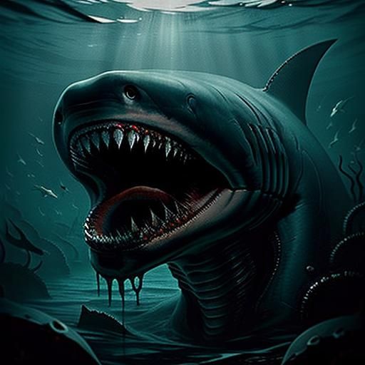 Haunting Megalodon Shark in Dark Surrealist Style