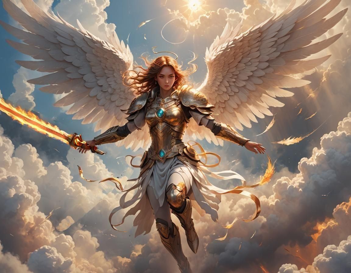 Angel Warrior with Fiery Sword and Six Wings