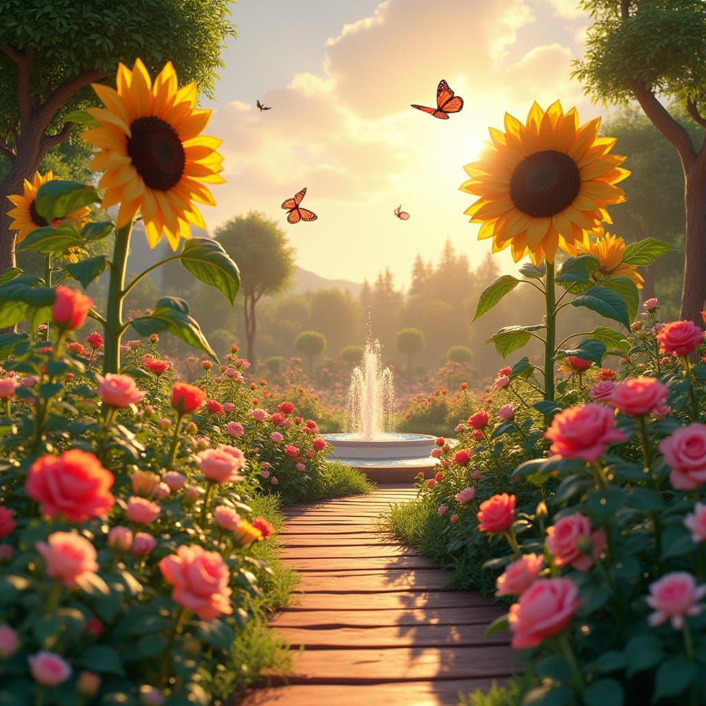 Lush Garden Scene in Detailed Matte Painting Style