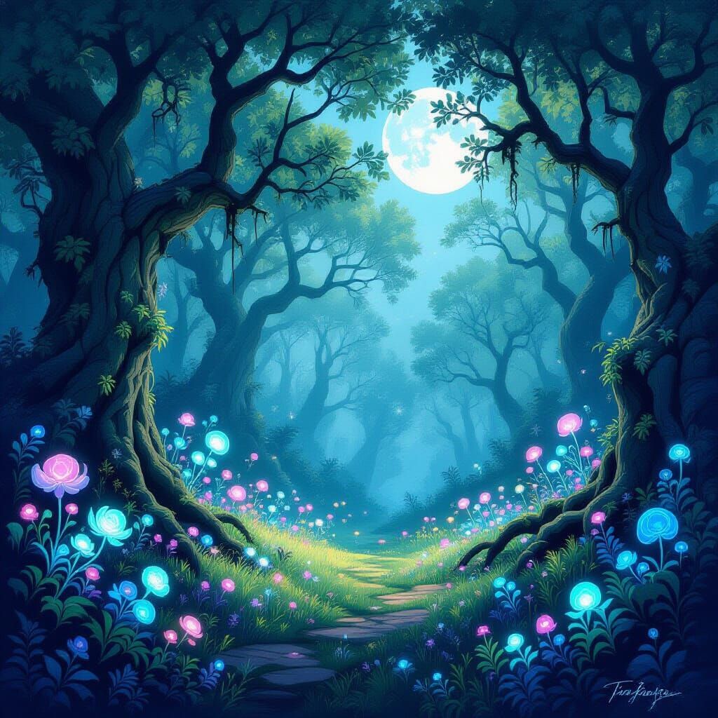 Moonlit Ethereal Forest Glade with Bioluminescent Life