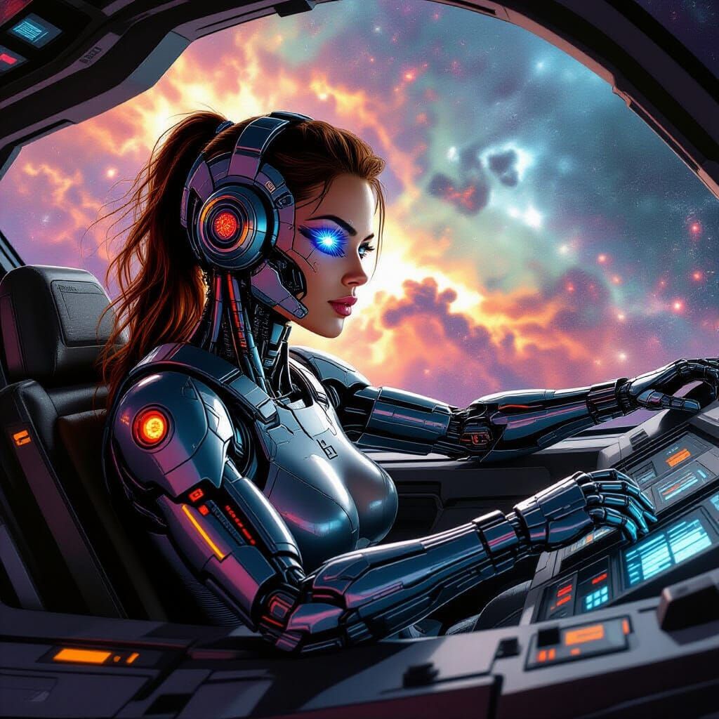 Michelangelo-Style Cyborg Pilot in Cosmic Nebula