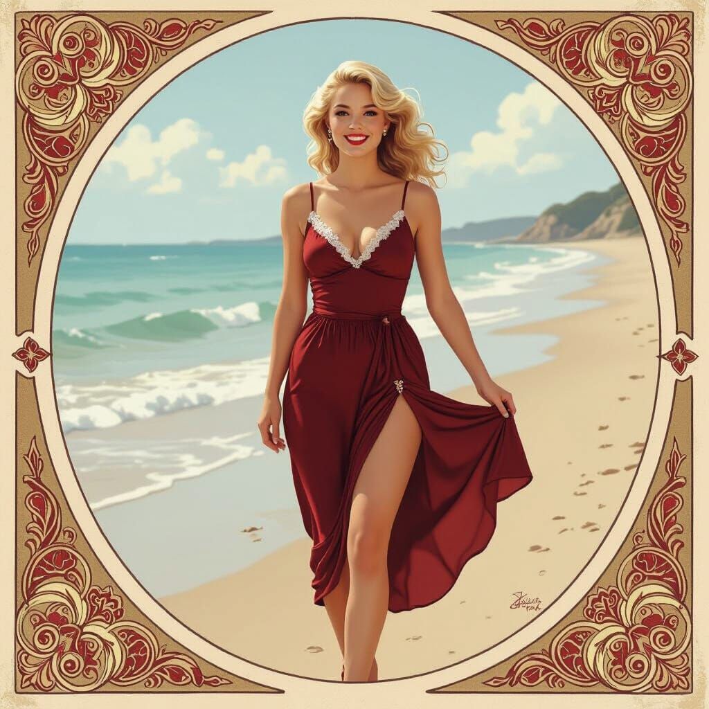 Blonde Woman in Bordeaux Dress on Sunny Beach, Art Nouveau