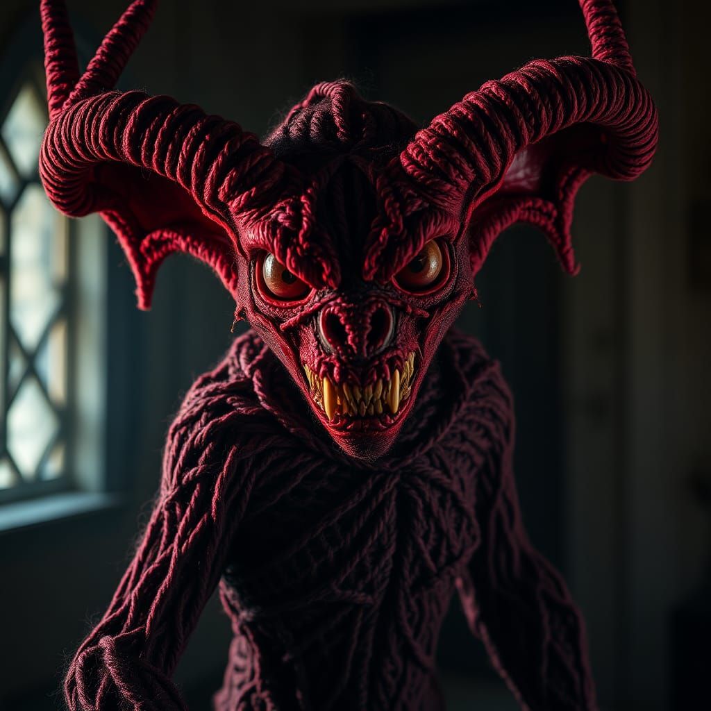 Grotesque Knitted Demon in Mystical Atmosphere