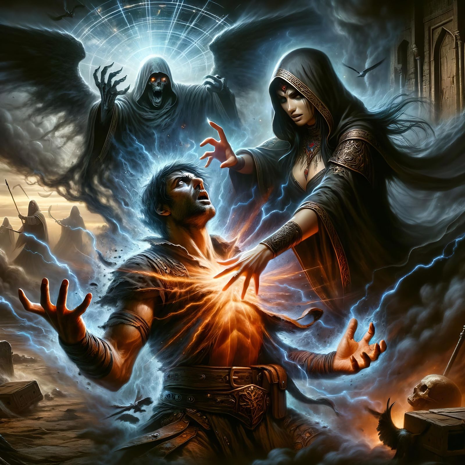 Warlock Casts Damnation Spell: A Dark Fantasy Scene