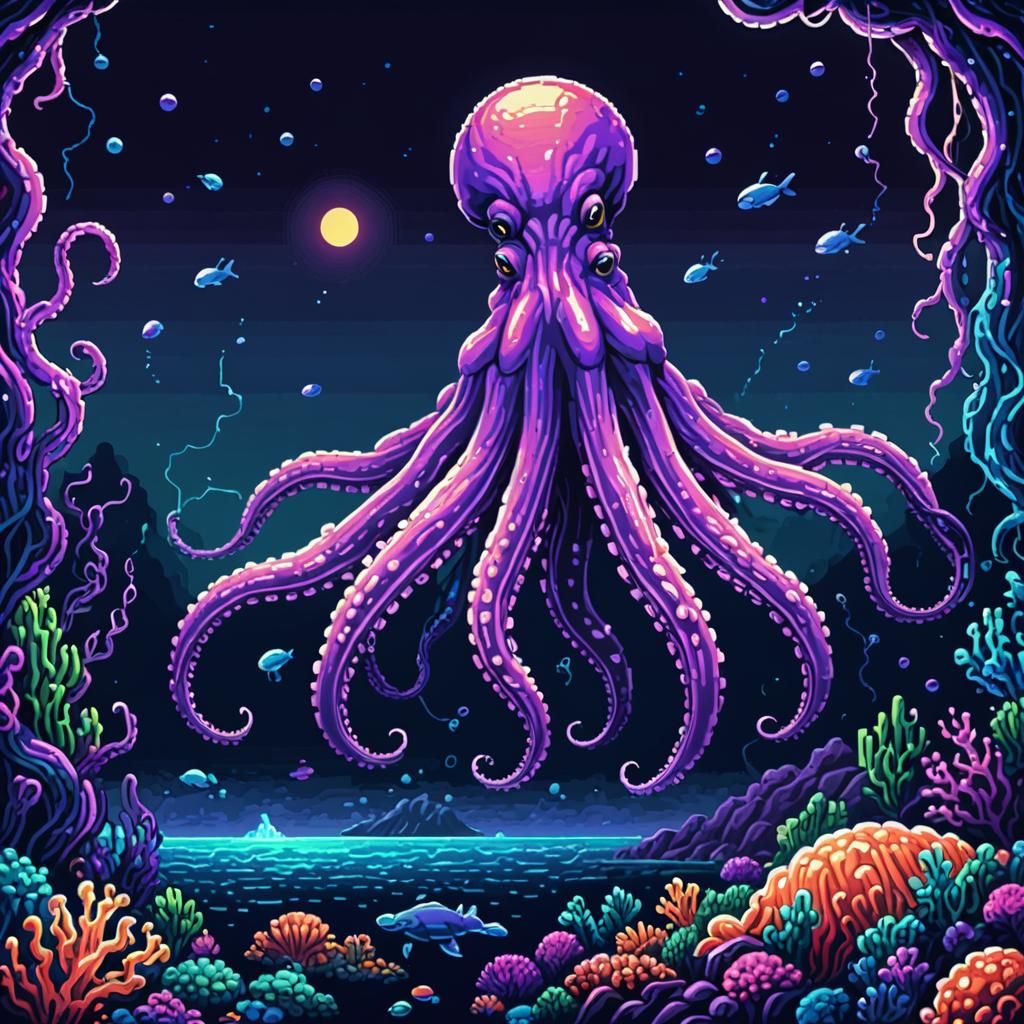 Colossal Squid in Deep Ocean: 16-bit Pixel Art