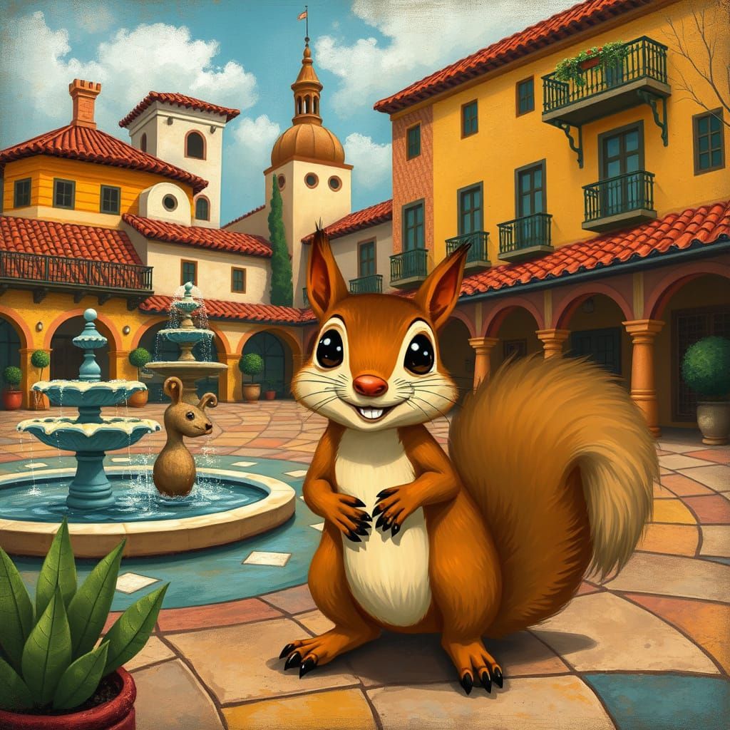 Squirrel in Spanish Plaza: Surreal Whimsical Art