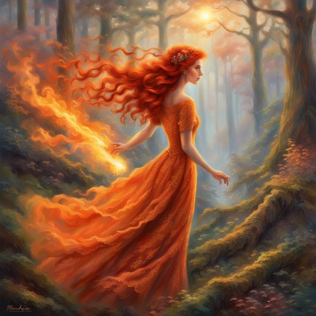 Ethereal Woman with Fiery Hair in Fantasy Forest
