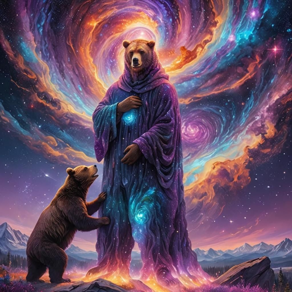Cosmic Man and Bear Cub Surreal Illustration