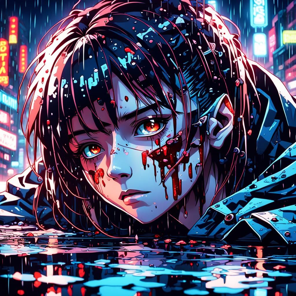 Cyberpunk Anime Portrait: Crying Character in Rainy City