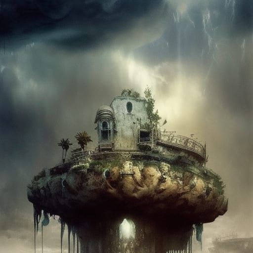 Floating Skull Island Under Water, Detailed Illustration