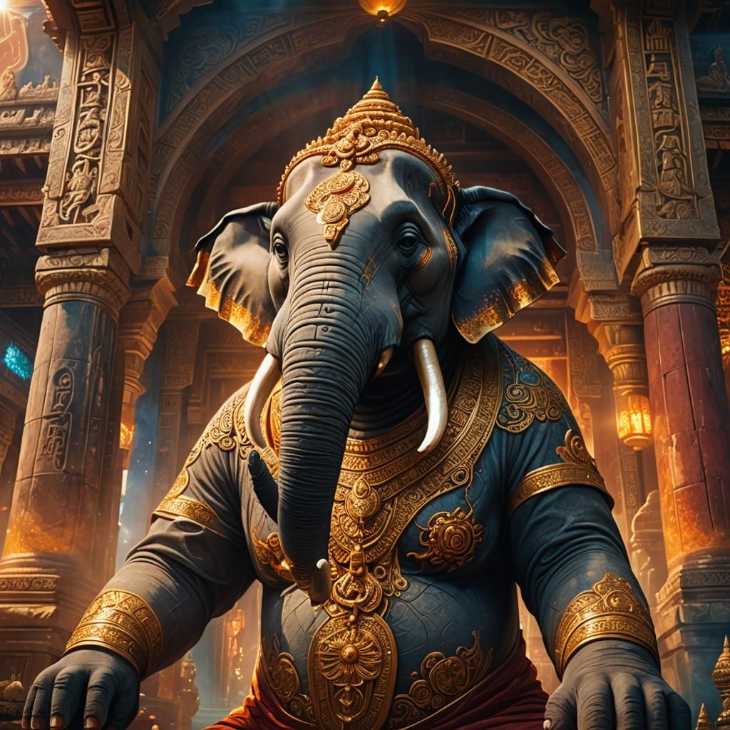 Elephant and Buddha in Ancient Temple