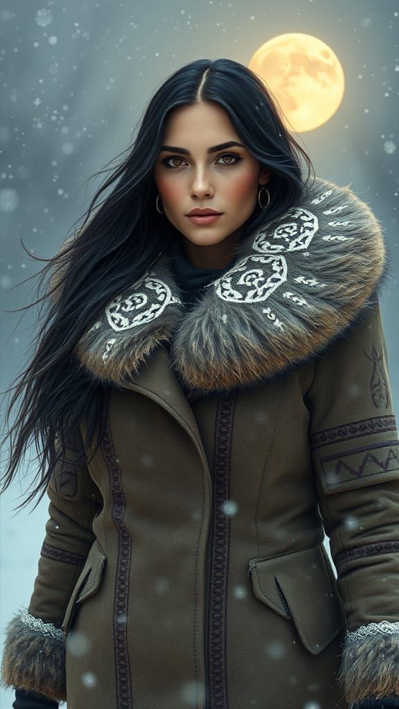 Native American Woman in Winter, Mystical Art Style
