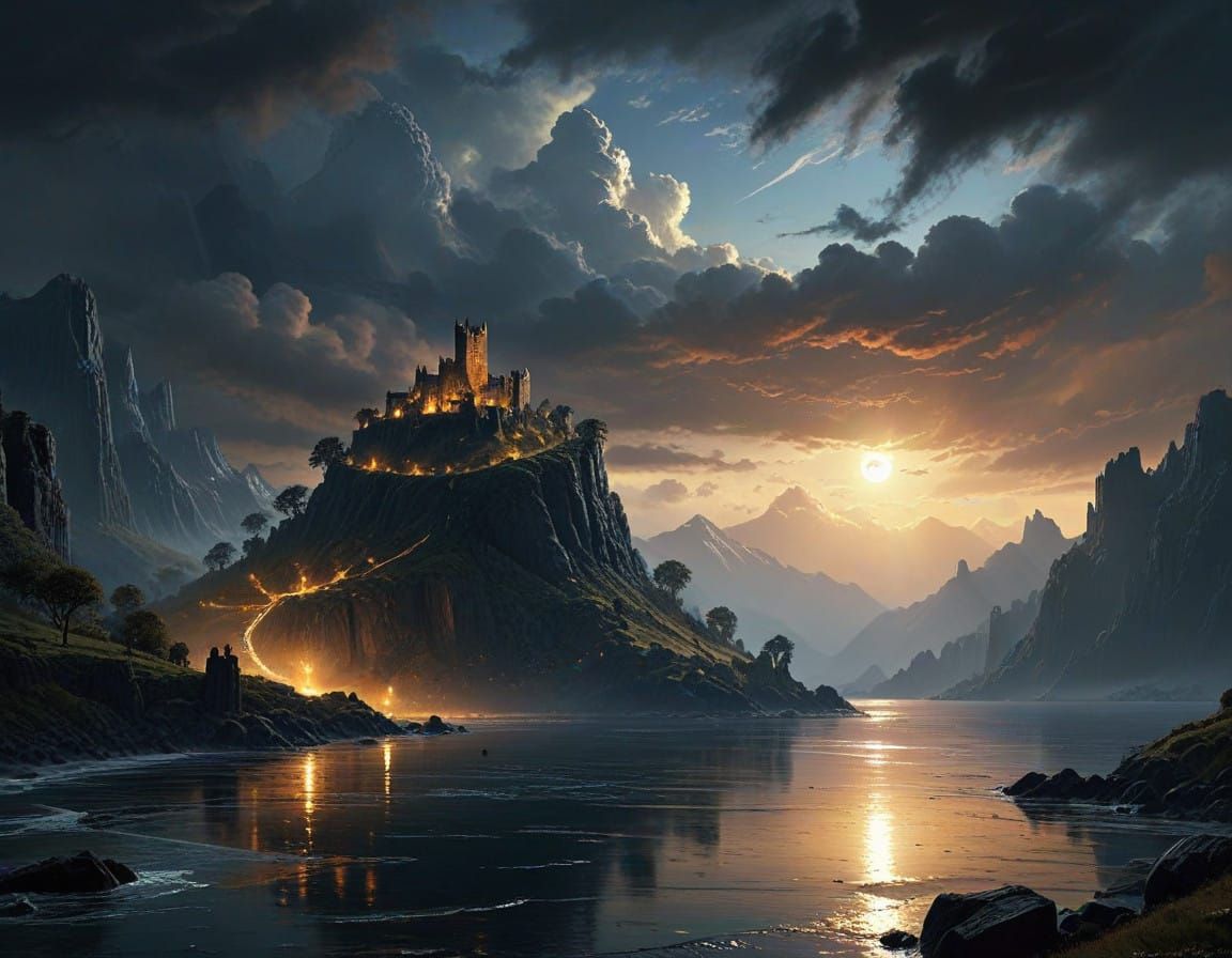 Island Fortress Rises from Misty Twilight Sea