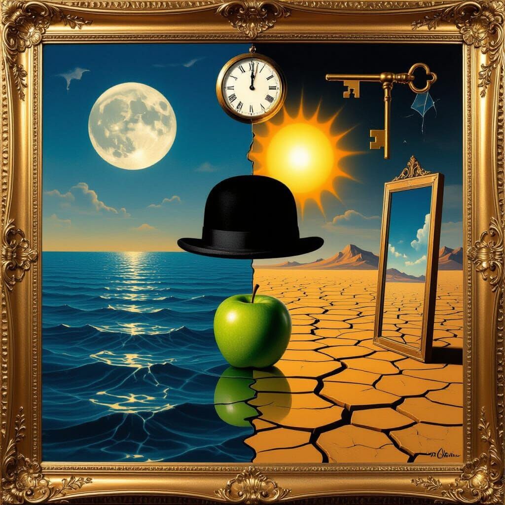 Surreal Landscape with Golden Frame, Moon & Sun