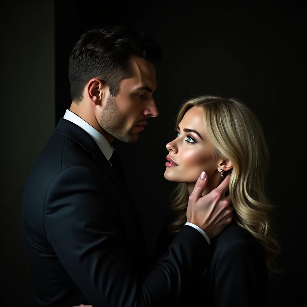 Intense Gaze: Man and Woman in Dramatic Lighting