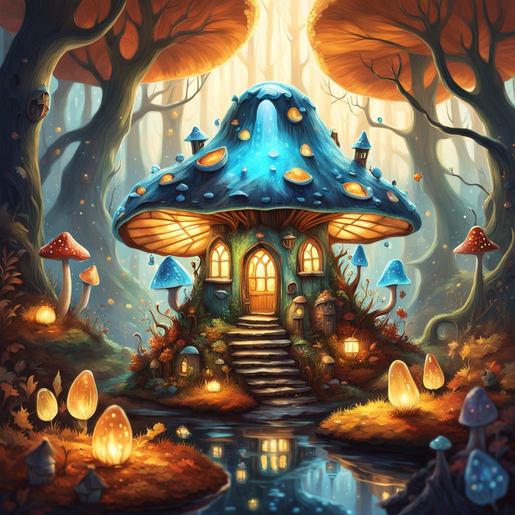 Mushroom City Inside Crystal Dewdrop in Autumn Forest